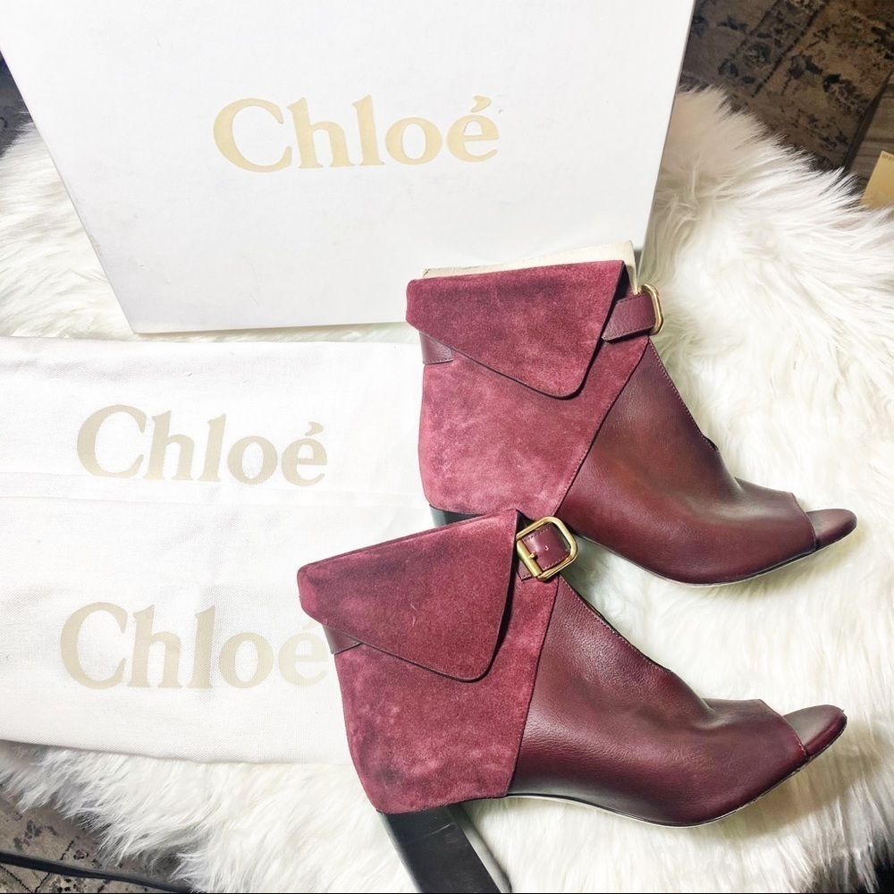 CHLOÉ Burgundy Red Suede Foldover Chunky‎ Heel Booties, Size 38
